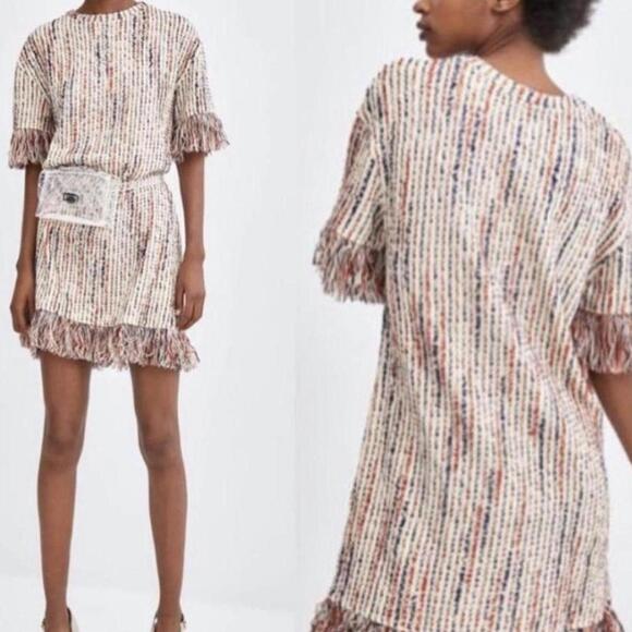 Zara Dresses & Skirts - Zara fringe jacquard tweed dress white, orange, and navy striped mini dress